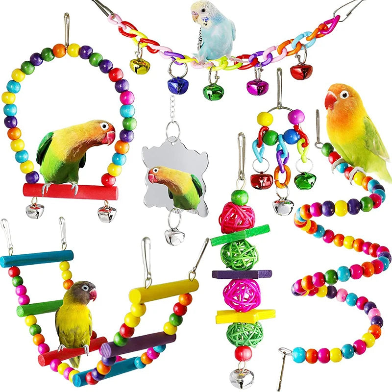 Seven Piece Wooden Bird Toy Set
