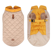 Quilted dog coat with mustard yellow lining, adjustable straps, and reflective trim for small pets