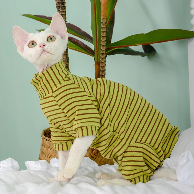 Green Striped Jumpsuit For Sphynx Cats