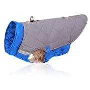 Quilted dog coat with blue trim, gray diamond stitching, and reflective strip for small pets